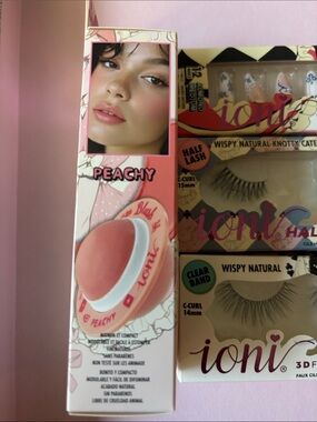 ioni Women Makeup Set - Peach Cream Blush, Wispy False Lashes, Almond Nail Tips